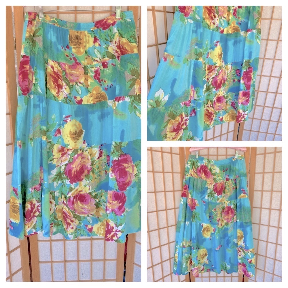 Serengeti Floral Rose Tiered Maxi Skirt SZ L CottageCore Pheasant Feminine